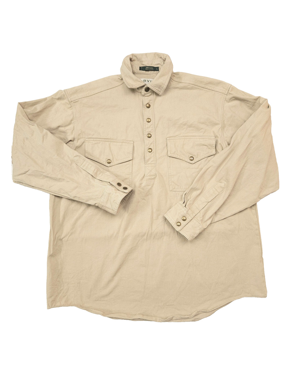 Vintage Orvis Malpai Shirt Men's Large Beige Thick Cotton Canvas Snap USA Made